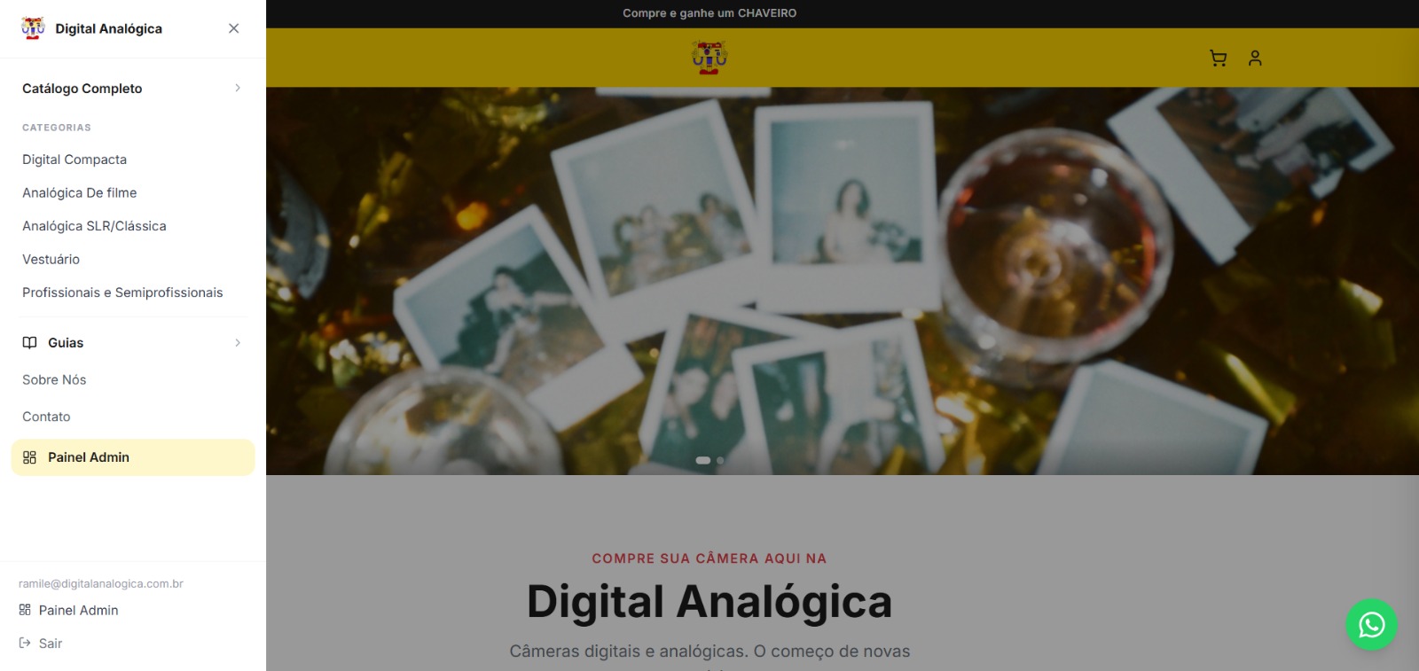 Loja virtual Digital Analógica — storefront com catálogo de câmeras